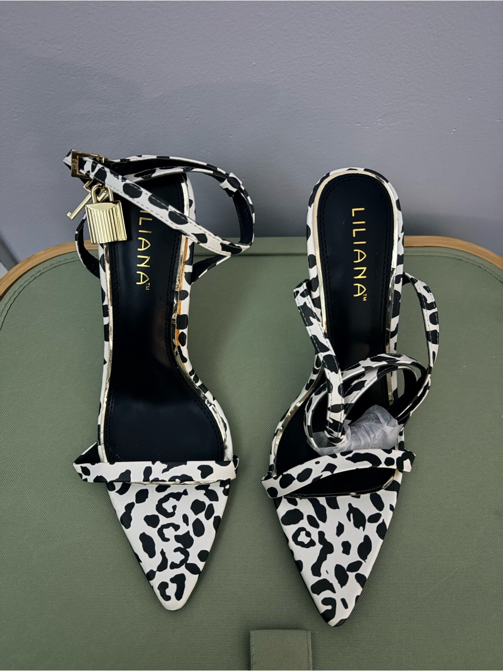 Liliana Black & White Leopard Print Ankle Strap Pointed Heels